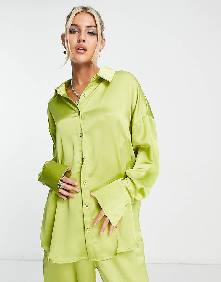 Public Desire satin oversized shirt in lime - part of a set